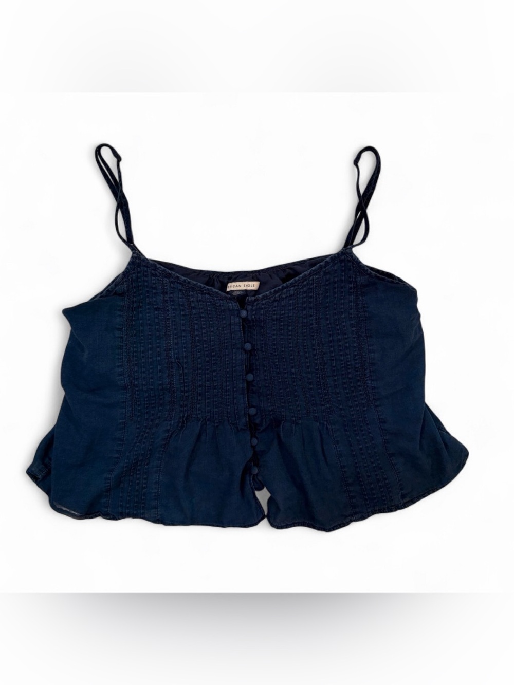American Eagle Washed Navy Pintuck Button Front Babydoll Cami Top M